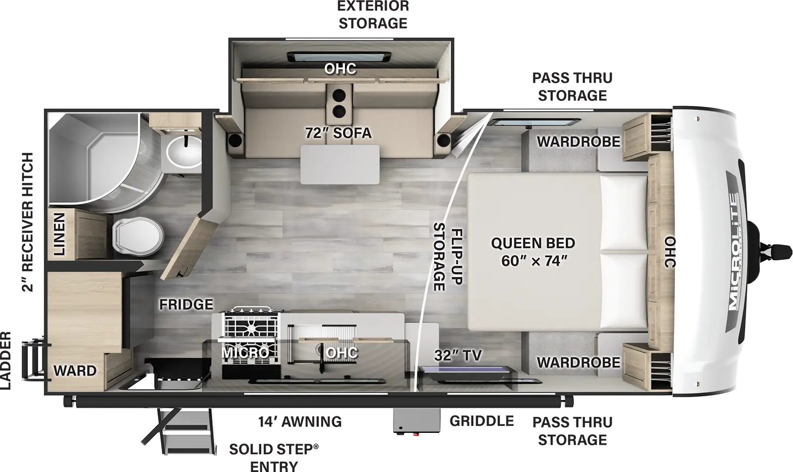 The 21FBRS has one slide out and one entry door. Exterior features a 14 foot awning, solid step entry, front pass thru storage, griddle, off-door side exterior storage, rear ladder and 2 inch receiver hitch. Interior layout front to back: foot-facing queen bed with flip-up storage, overhead cabinets and wardrobes on either side; off-door side slide out with sofa and table, and overhead cabinets; door side RV, kitchen counter with sink, overhead cabinet, microwave, cooktop, and entry; rear off-door side full bathroom with linen cabinet; rear door-side refrigerator and wardrobe.